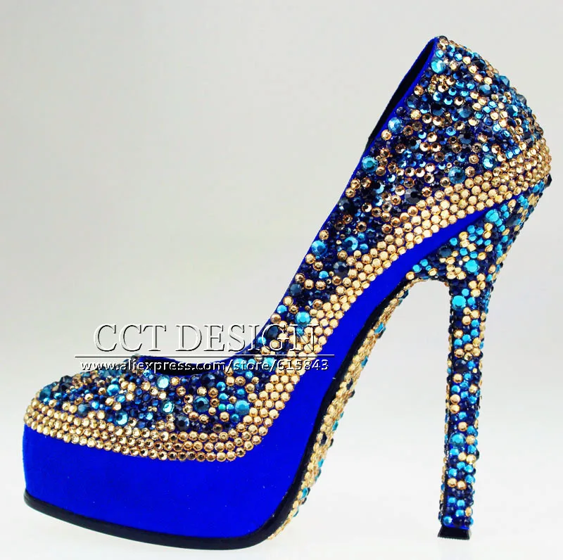 Women Gold Royal Blue Rhinestones Party Shoes Platforms Crystals