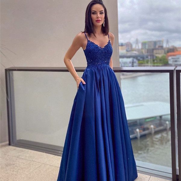 A-Line Lace Appliques Royal Blue Long Prom Dress | Prom dresses blue